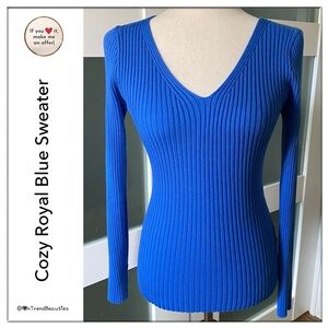 Cozy Everyday Wear Royal Blue Long Sleeve V-Neck Ribbed Knit Sweater